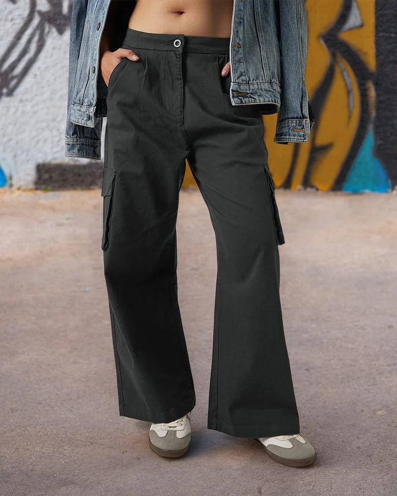 بيواكوف Women's Dark Grey Baggy Oversized Cargo Casual Pants